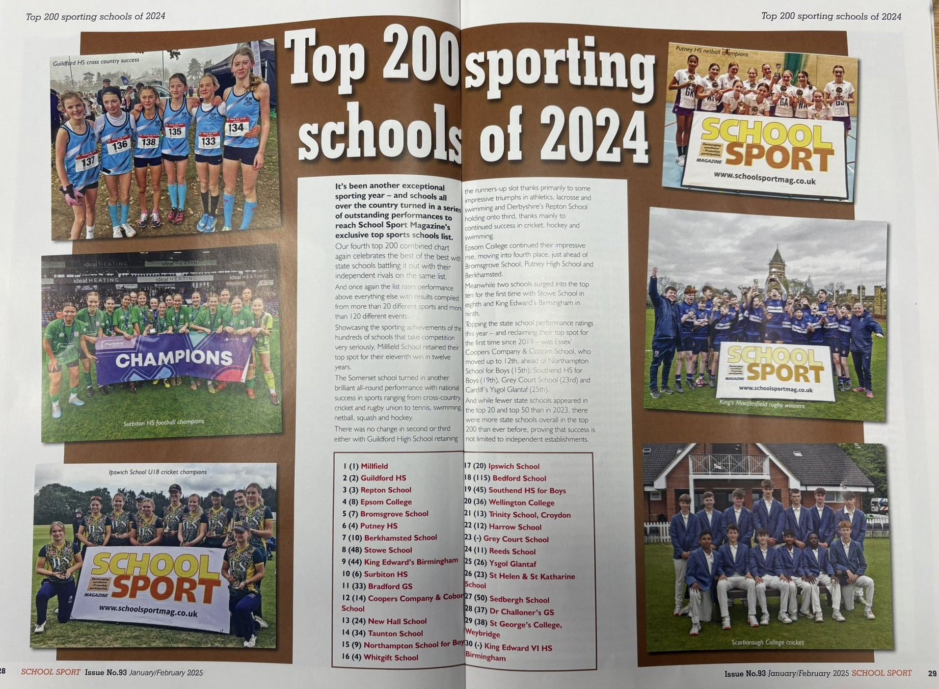 top 200 sporting schools of 2024 with NSB placing 2nd state school nationally